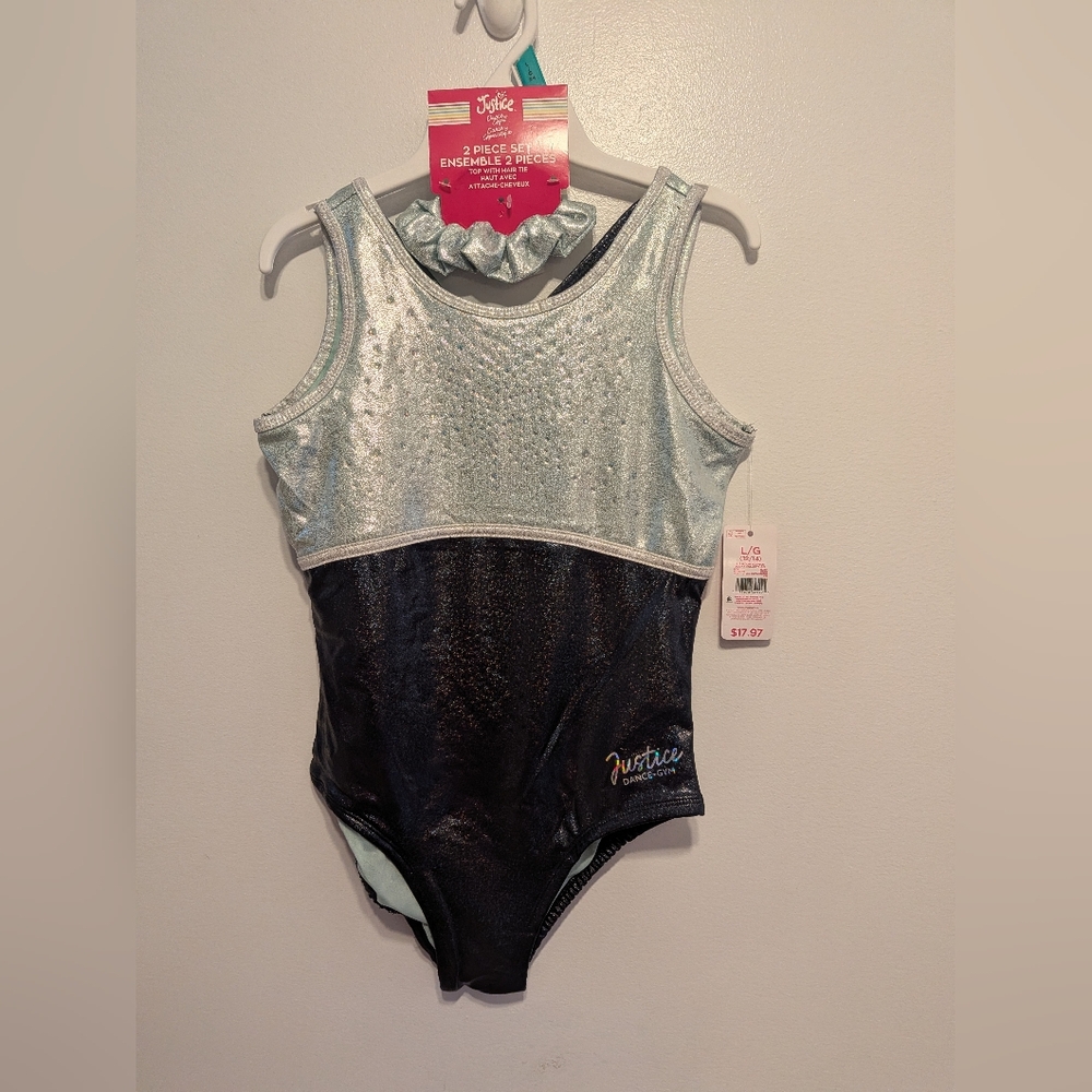 Justice Metallic Silver and Black Leotard Set